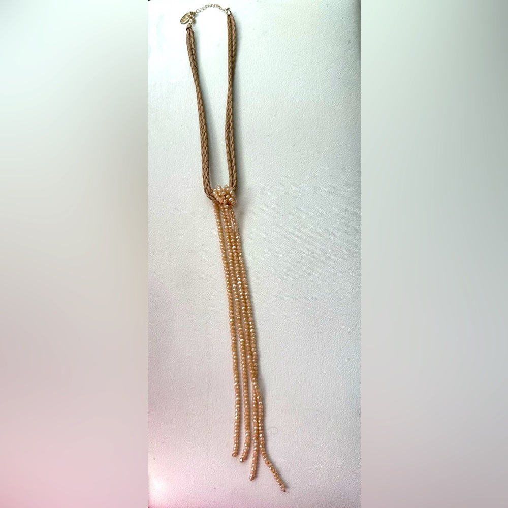 Gold/tan Beaded leather braid lasso necklace
